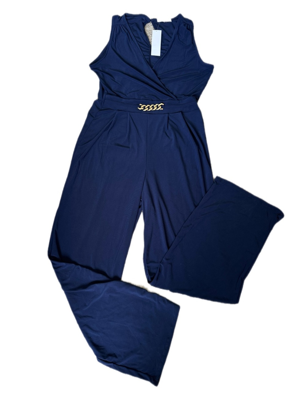 Classic Navy Sleeveless Jumpsuit with Gold Chain Belt